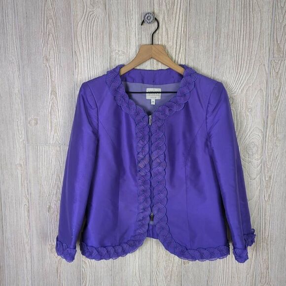 Armani Collezioni Womens Size 10 Zip Front 100% Silk Jacket Purple Ruffle Trim - Picture 1 of 12